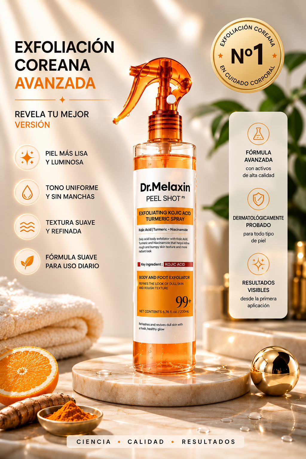 Dr. Melaxin Peel Shot™ – Spray Exfoliante Corporal con Ácido Kójico + Cúrcuma